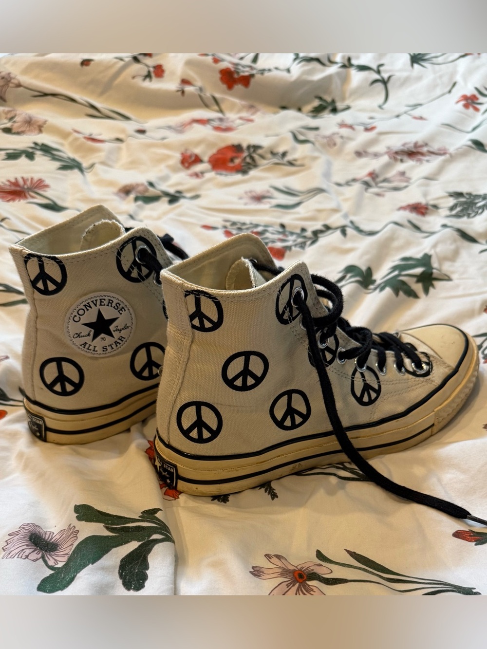 Converse White High Top Sneakers with Black Peace Sign Print